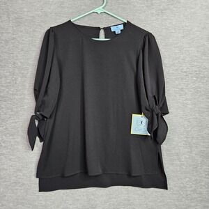 CeCe Women Blouse Size S Black Tie Sleeve Short Sleeve NWT Lightweight